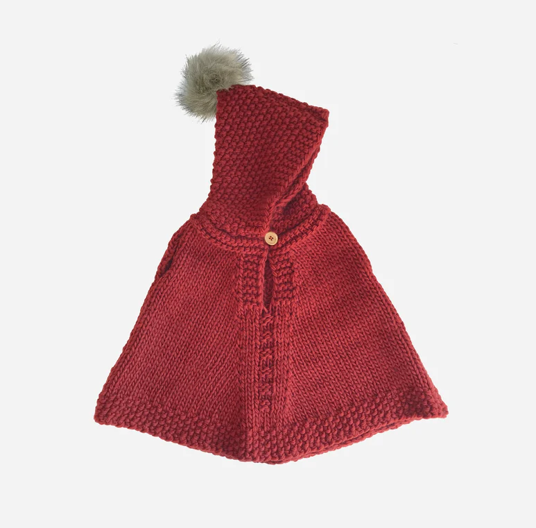 Knitted Red Poncho with Hood (Infant 6-24 Months)