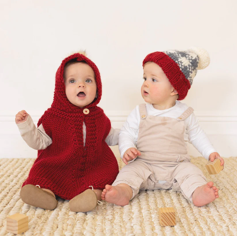 Knitted Red Poncho with Hood (Infant 6-24 Months)