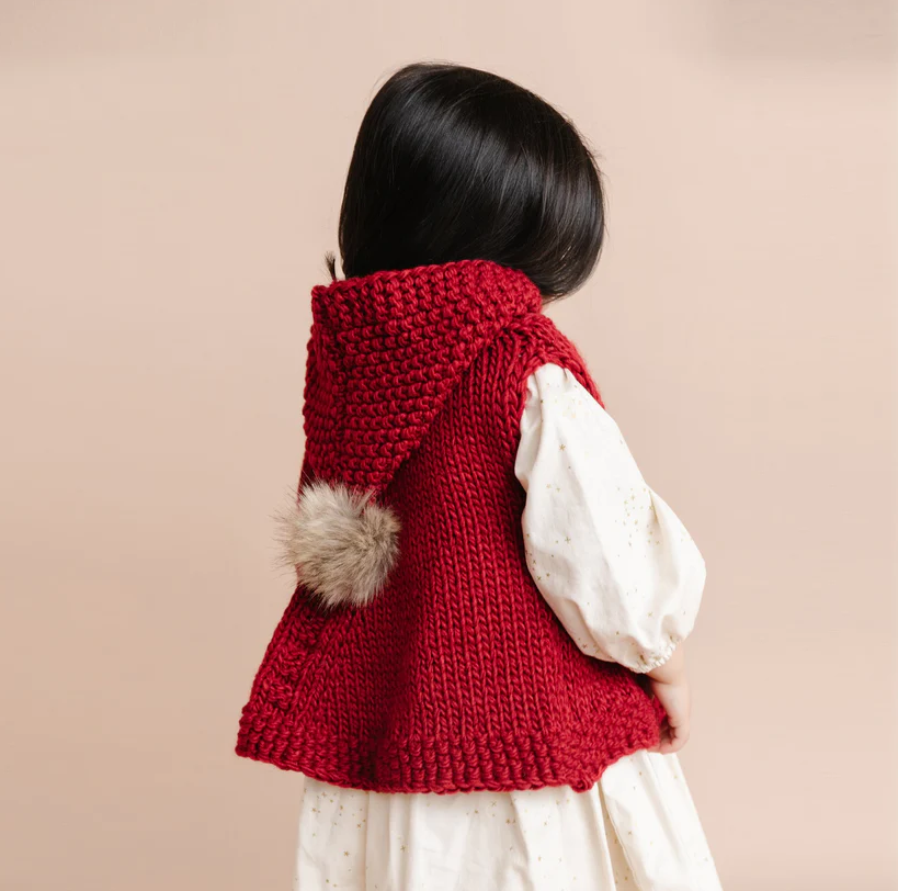 Knitted Red Poncho with Hood (Toddler 2-4 years)