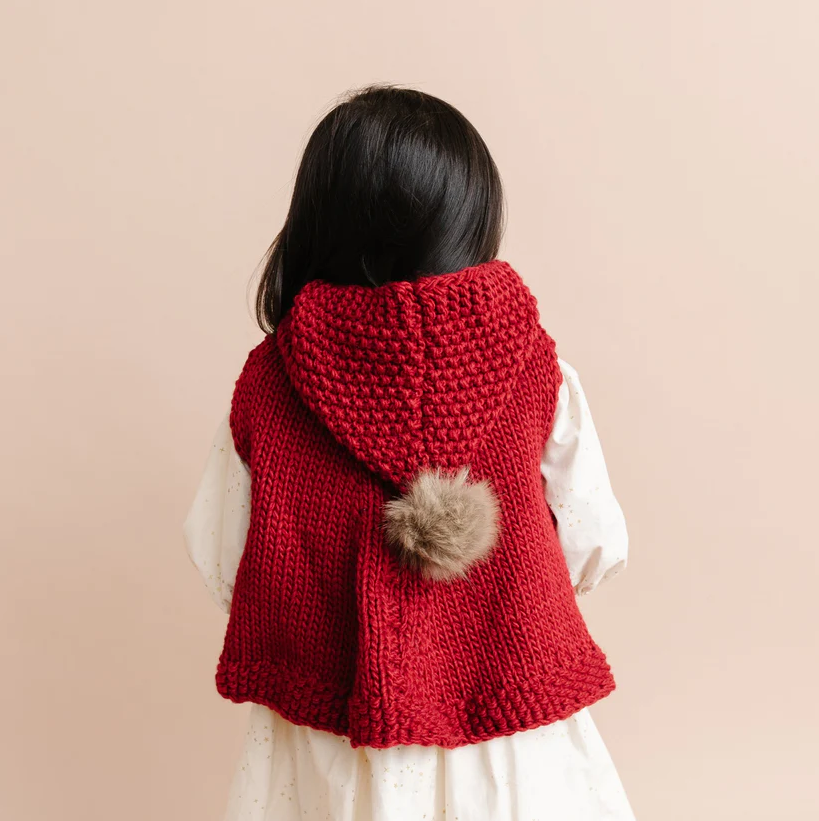 Knitted Red Poncho with Hood (Toddler 2-4 years)