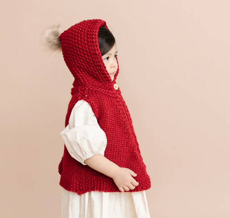 Knitted Red Poncho with Hood (Toddler 2-4 years)