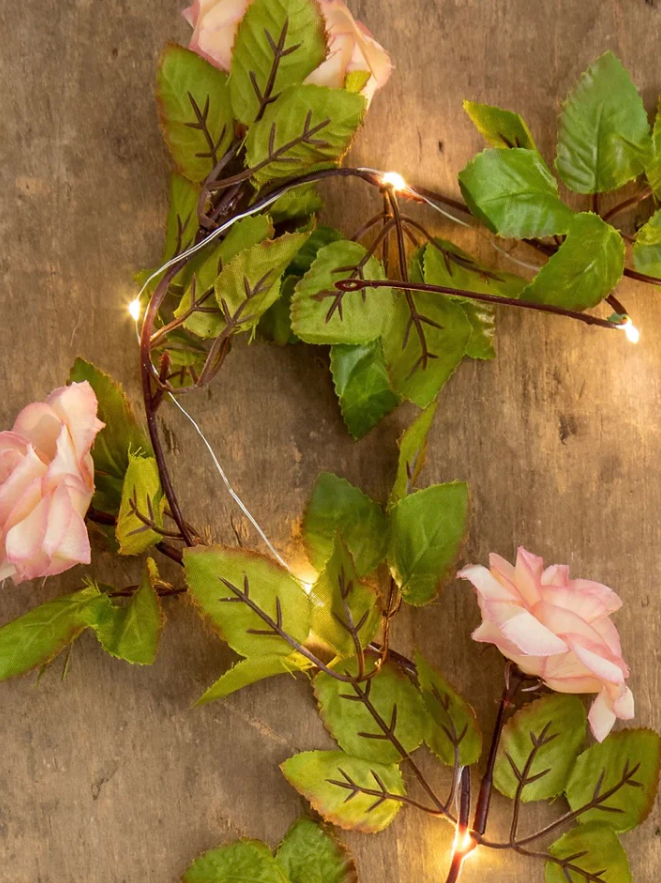 STRING LIGHTS PEACH ROSE BLOSSOM WITH LEAVES