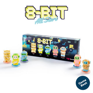 8-BIT All Stars toy figures and their packaging box on a white background, with the 8-BIT All Stars logo at the top and a 'Come Beat' badge at the bottom right.