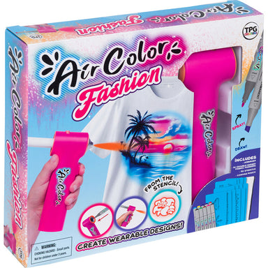 Air Colorz Fashion heat press pen kit in its retail packaging, featuring a pink heat gun and matching pens, with a graphic of a t-shirt being printed on the front.
