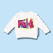 White long-sleeve shirt with colorful 'MIKE' print on a light blue background
