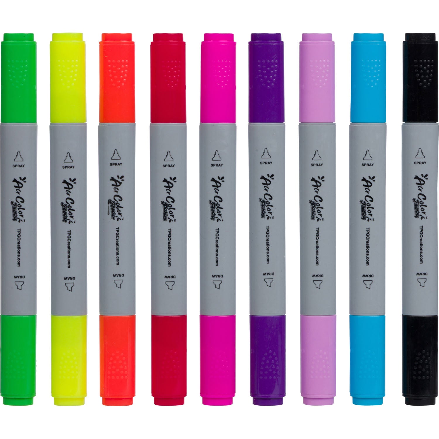 Ten dual-tip highlighters in assorted colors arranged upright in a row against a white background. The markers feature gray barrels with black text and logo, and caps and tips in green, yellow, orange, red, pink, purple, light pink, blue, and black.