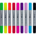 Ten dual-tip highlighters in assorted colors arranged upright in a row against a white background. The markers feature gray barrels with black text and logo, and caps and tips in green, yellow, orange, red, pink, purple, light pink, blue, and black.