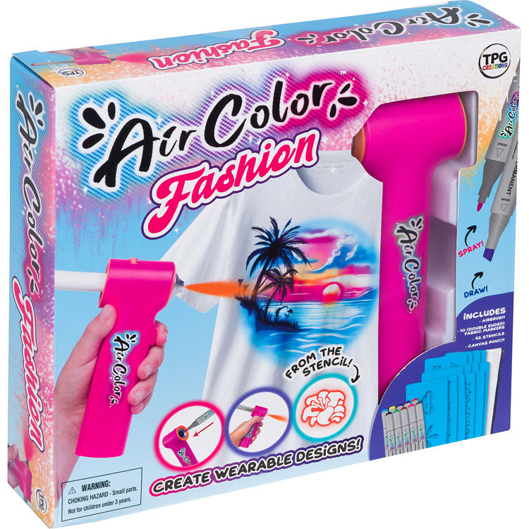 Air Colorz Fashion heat press pen kit in its retail packaging, featuring a pink heat gun and matching pens, with a graphic of a t-shirt being printed on the front.
