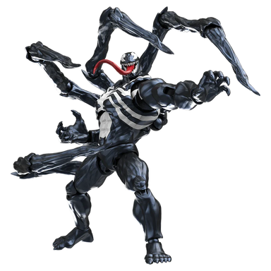 Action figure with multiple arms and a red tongue on a white background