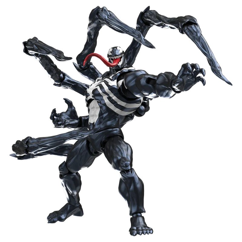Action figure with multiple arms and a red tongue on a white background