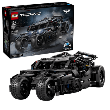 LEGO Technic Batman Batmobile model set shown with its retail box and the assembled black toy vehicle on a clean white background.