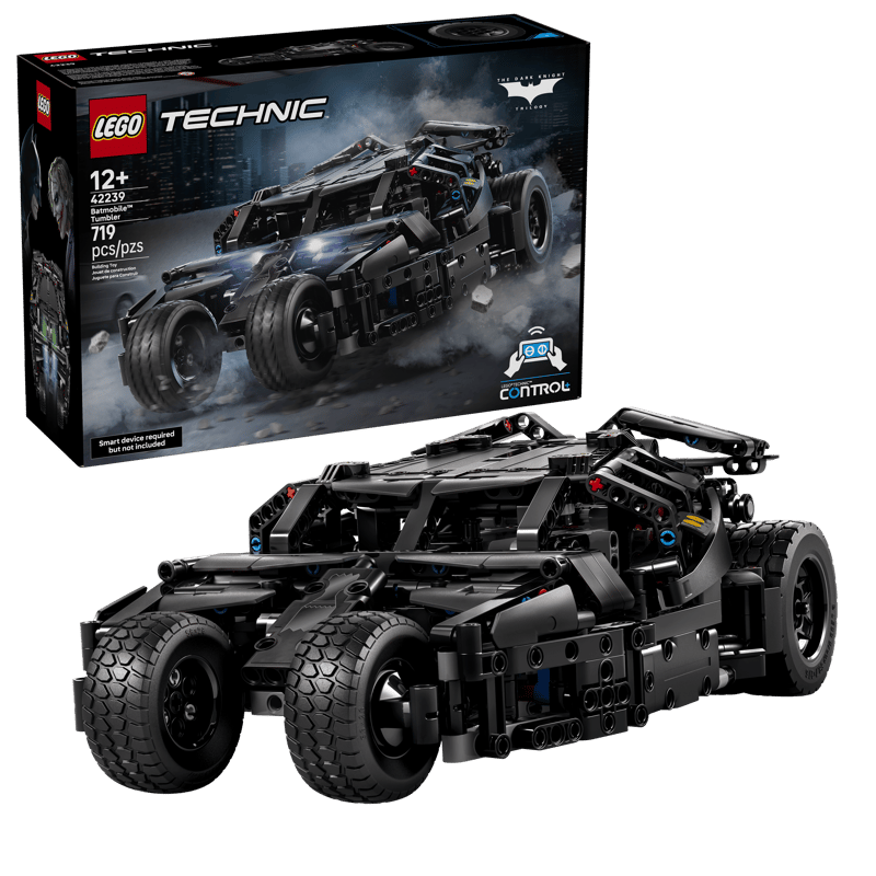 LEGO Technic Batman Batmobile model set shown with its retail box and the assembled black toy vehicle on a clean white background.