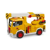 A yellow toy crane truck with red wheels and a white telescopic boom, shown on a plain white background.