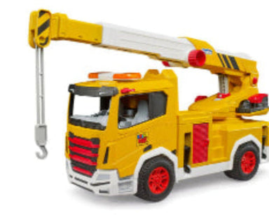 Toy crane truck with yellow and red colors on a white background