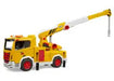 A yellow toy crane truck with a white and yellow telescopic boom, red wheels, and small black details, shown on a plain white background.