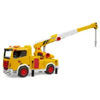 A yellow toy crane truck with a white and yellow telescopic boom, red wheels, and small black details, shown on a plain white background.