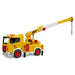 A yellow toy crane truck with a white and yellow telescopic boom, red wheels, and small black details, shown on a plain white background.