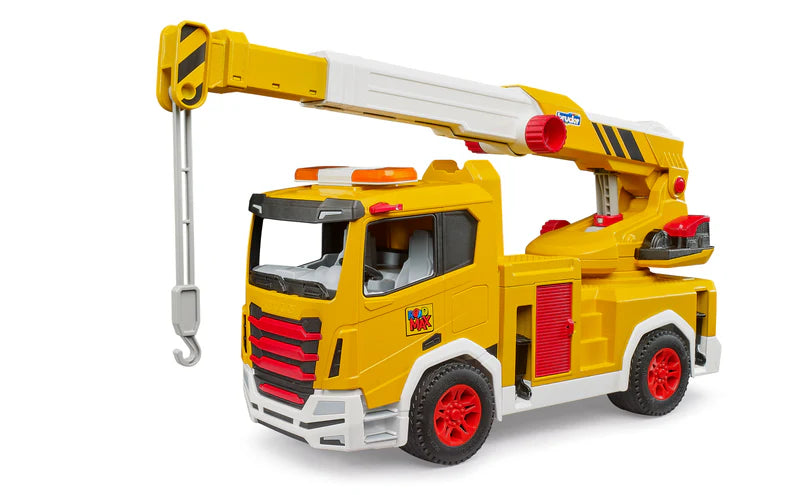 Toy crane truck with yellow and red colors on a white background