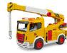 Toy crane truck with yellow and red colors on a white background