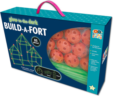 Packaging for 'Build-a-Fort Glow in the Dark' construction set featuring the product name, a image of the glow-in-the-dark balls and a blue graphic of a fort on the front.