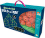 Packaging for 'Build-a-Fort Glow in the Dark' construction set featuring the product name, a image of the glow-in-the-dark balls and a blue graphic of a fort on the front.