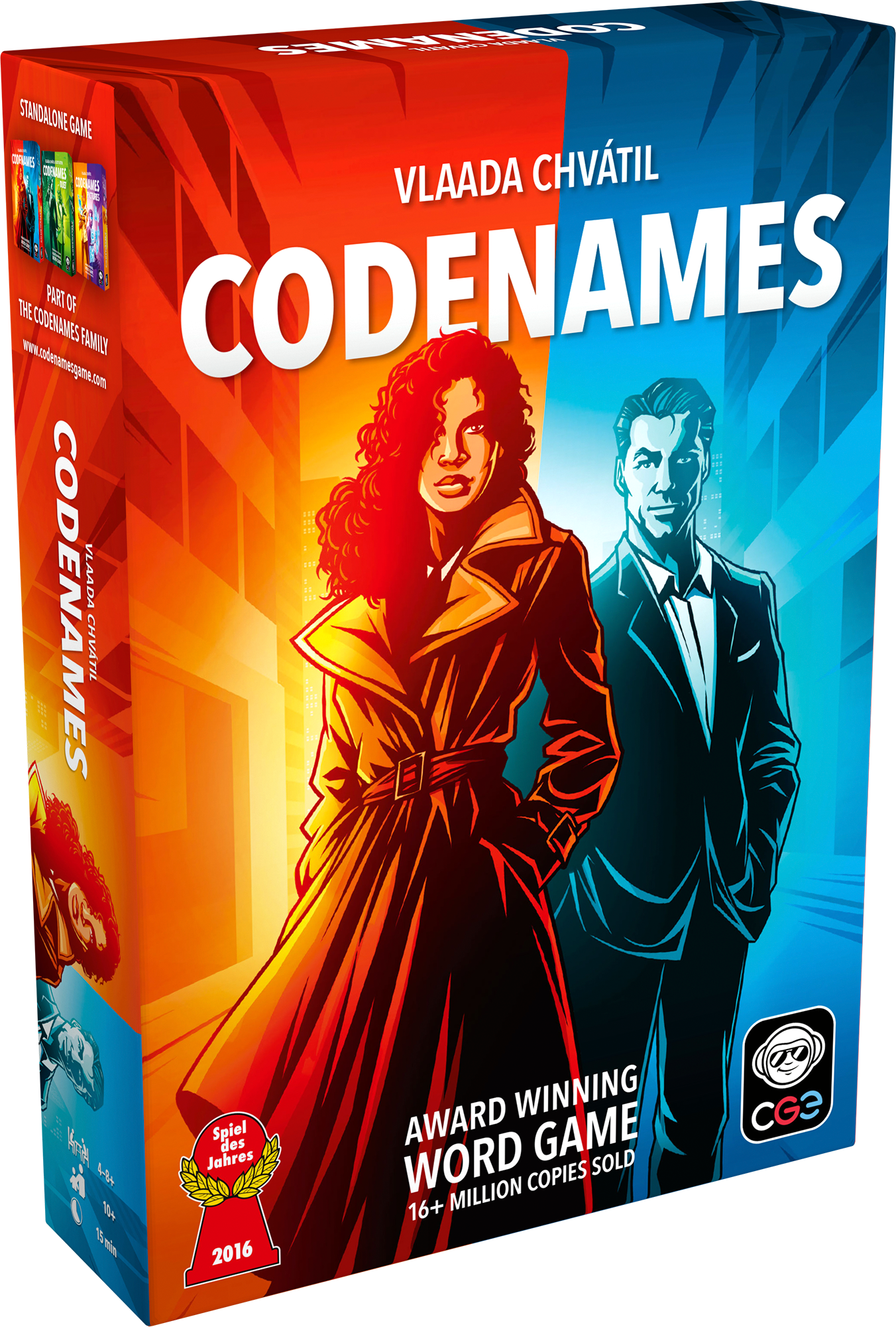 Codenames game box with two characters on a red and blue background