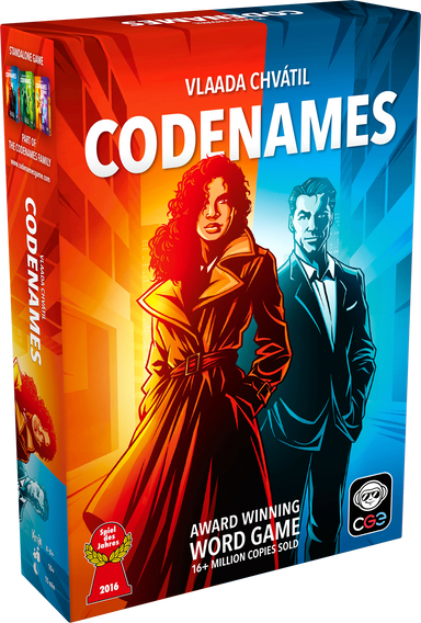Codenames game box with two characters on a red and blue background