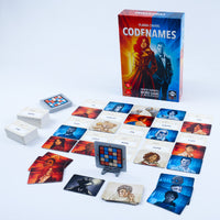 Codenames game set with cards and box on a white background