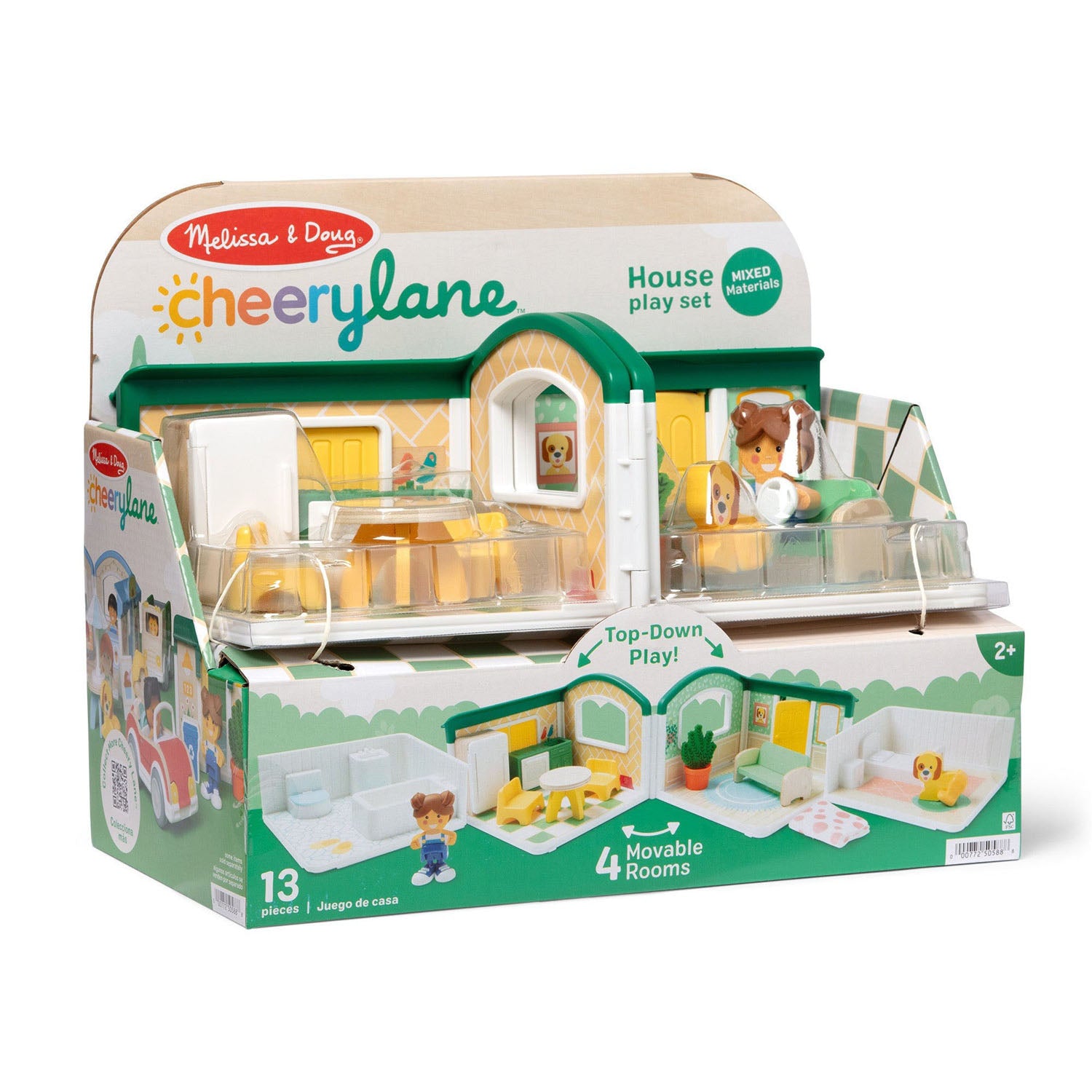 Melissa & Doug Cheerylane house play set in its original retail packaging, featuring a miniature two-story house with green and white checkered details, yellow furniture accents, and small doll figures.