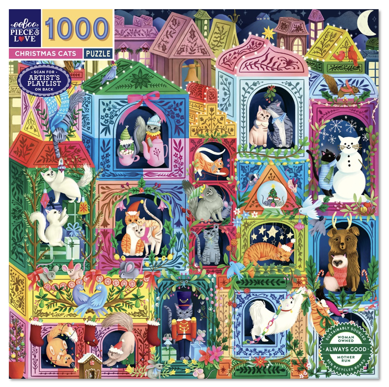 Christmas-themed puzzle with colorful houses and cats on a white background