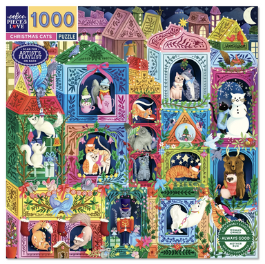 Christmas-themed puzzle with colorful houses and cats on a white background