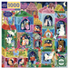 Christmas-themed puzzle with colorful houses and cats on a white background