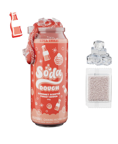 Red can of 'Soda Dough' with decorative elements on a white background