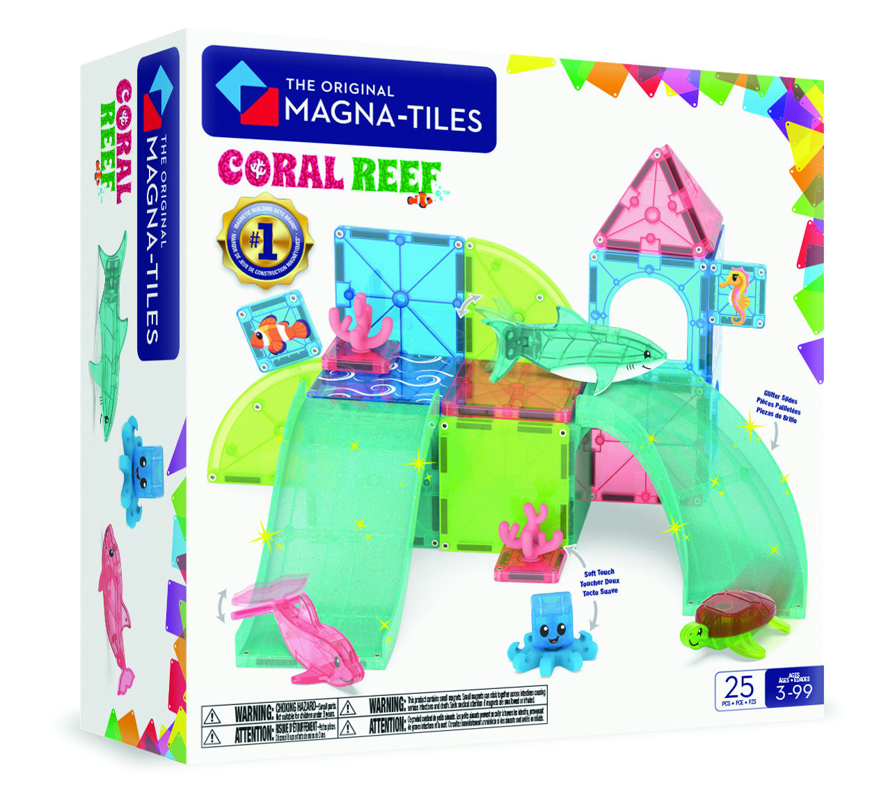 Magna-Tiles Coral Reef toy set packaging with colorful tiles and figures on a white background