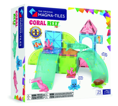 Magna-Tiles Coral Reef toy set packaging with colorful tiles and figures on a white background