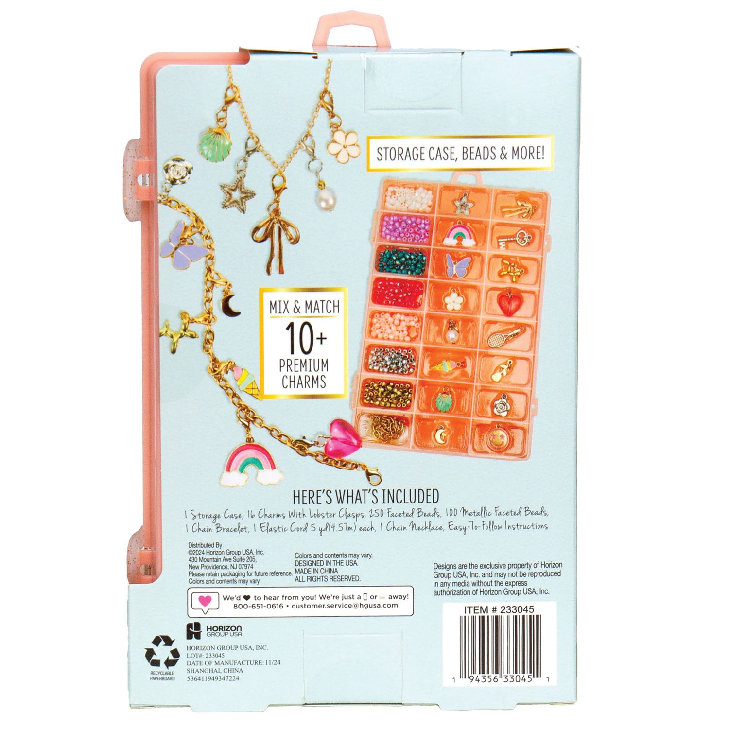 Jewelry-making kit packaging with charms and storage case on a light blue background