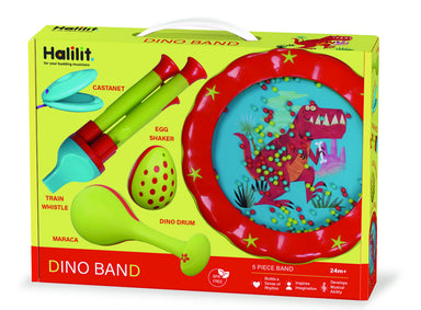 Box of Halilit Dino Band musical instrument set with colorful illustrations on a white background