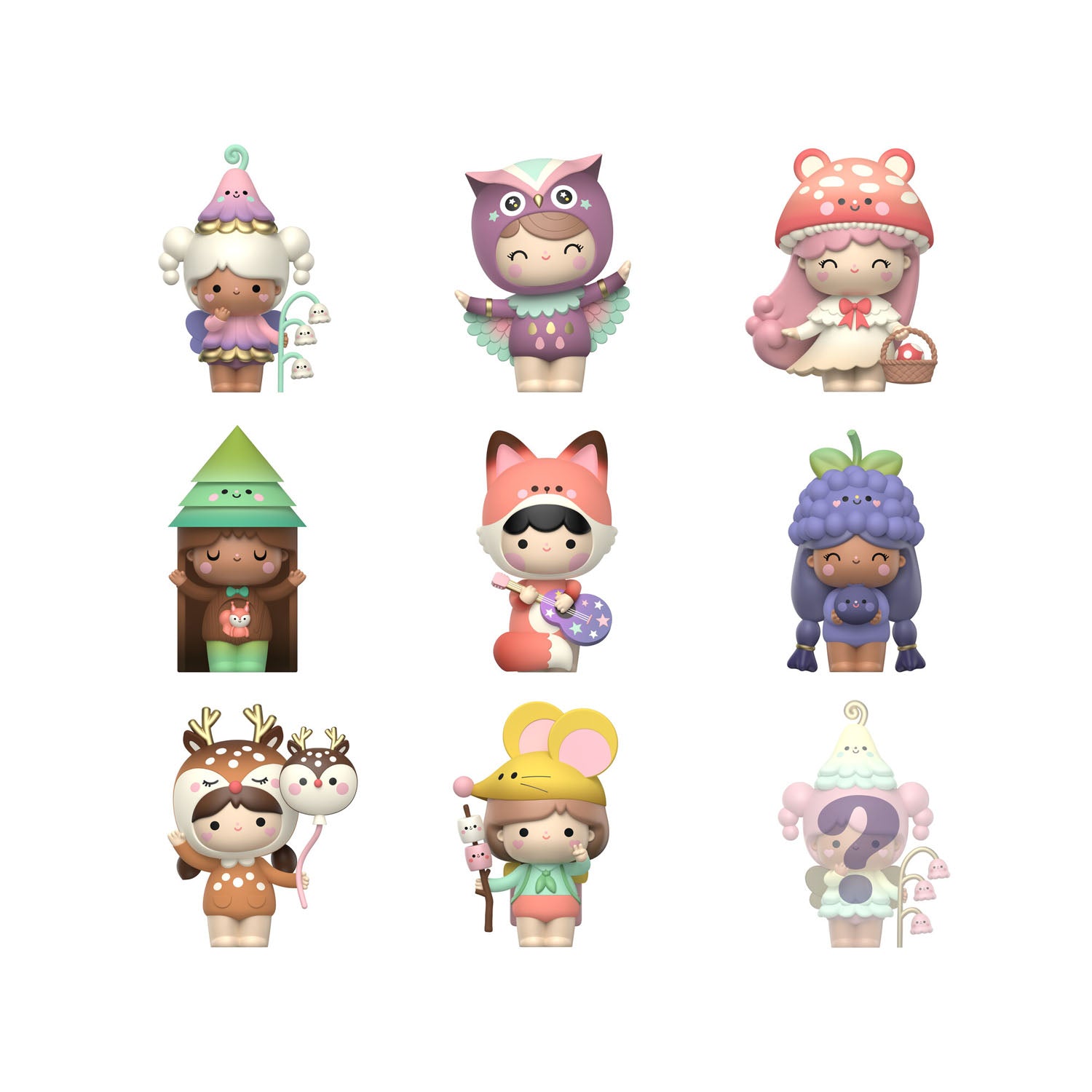 A 3x3 grid of nine cute cartoon character figurines in pastel colors on a plain white background. Each figure has a different whimsical animal or nature-inspired costume and accessory, including an owl, mushroom, pine tree, fox, grape, deer, and floral designs.