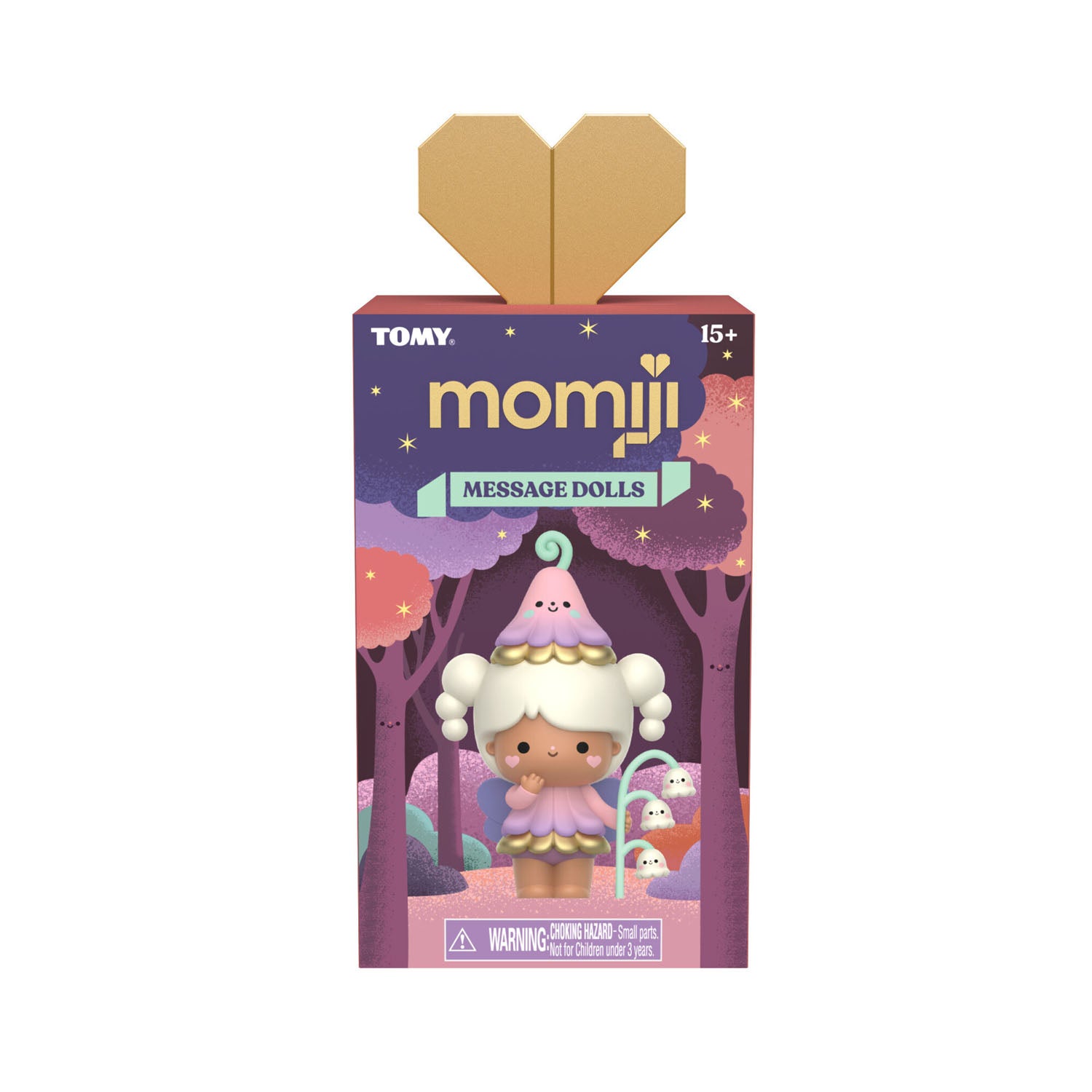 Tomy Momiji Message Dolls blind box featuring a cute cartoon doll character on the front, with a heart-shaped cardboard insert above the box, set against a plain white background.