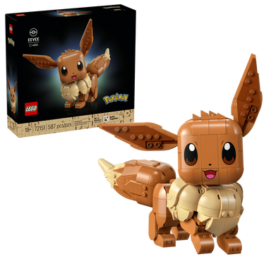 LEGO Eevee figure from Pokemon with packaging on a transparent background