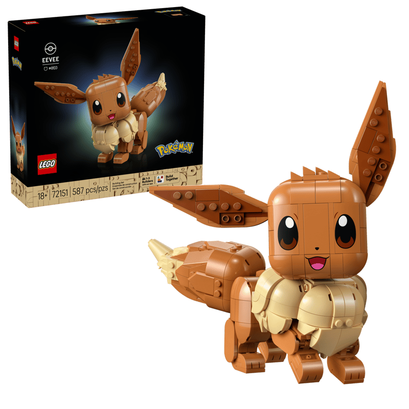 LEGO Eevee figure from Pokemon with packaging on a transparent background