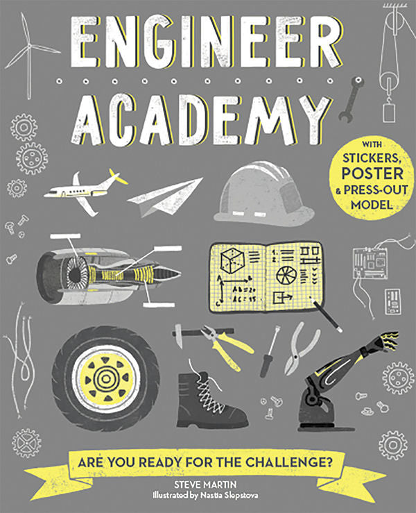 Book cover of 'Engineer Academy' with various engineering-themed illustrations on a gray background.