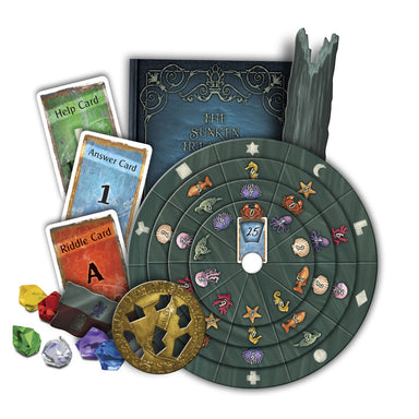 Board game components including a large circular board, cards, and decorative elements on a white background.
