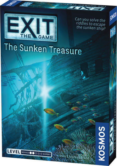 Box cover of the board game Exit: The Game - The Sunken Treasure, featuring an underwater scene with a shipwreck, fish, and a bright beam of light. The Kosmos brand logo is visible on a blue vertical panel on the right side.