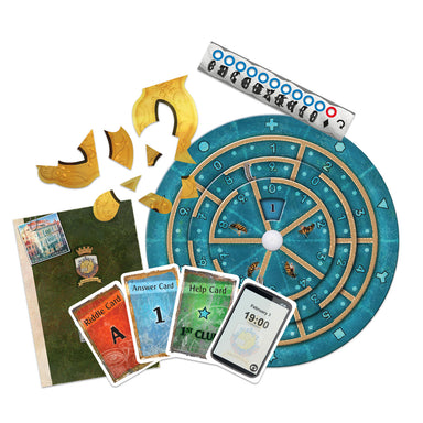 Board game components including a spinner, cards, and pieces on a white background