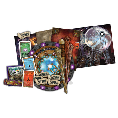Collection of fantasy-themed cards and game pieces on a white background