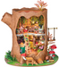 Wooden treehouse model with miniature furniture and decorations on a white background