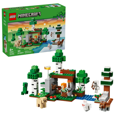 LEGO Minecraft set with characters and structures on a clear background