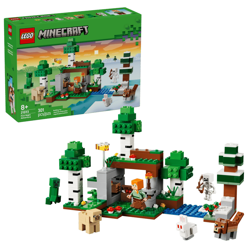 LEGO Minecraft set with characters and structures on a clear background