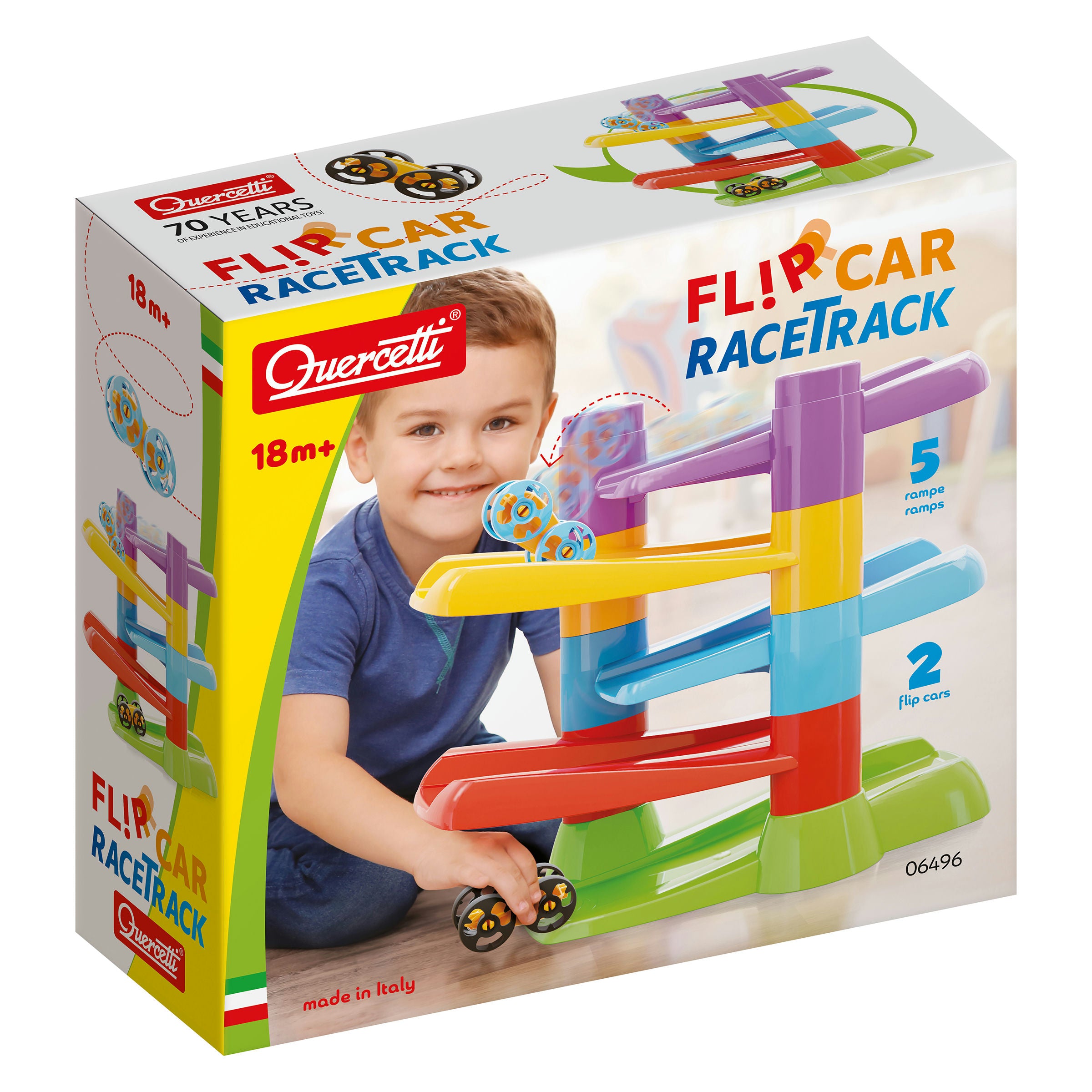 Quercetti Flip Car RaceTrack toy packaging with a child playing on a white background